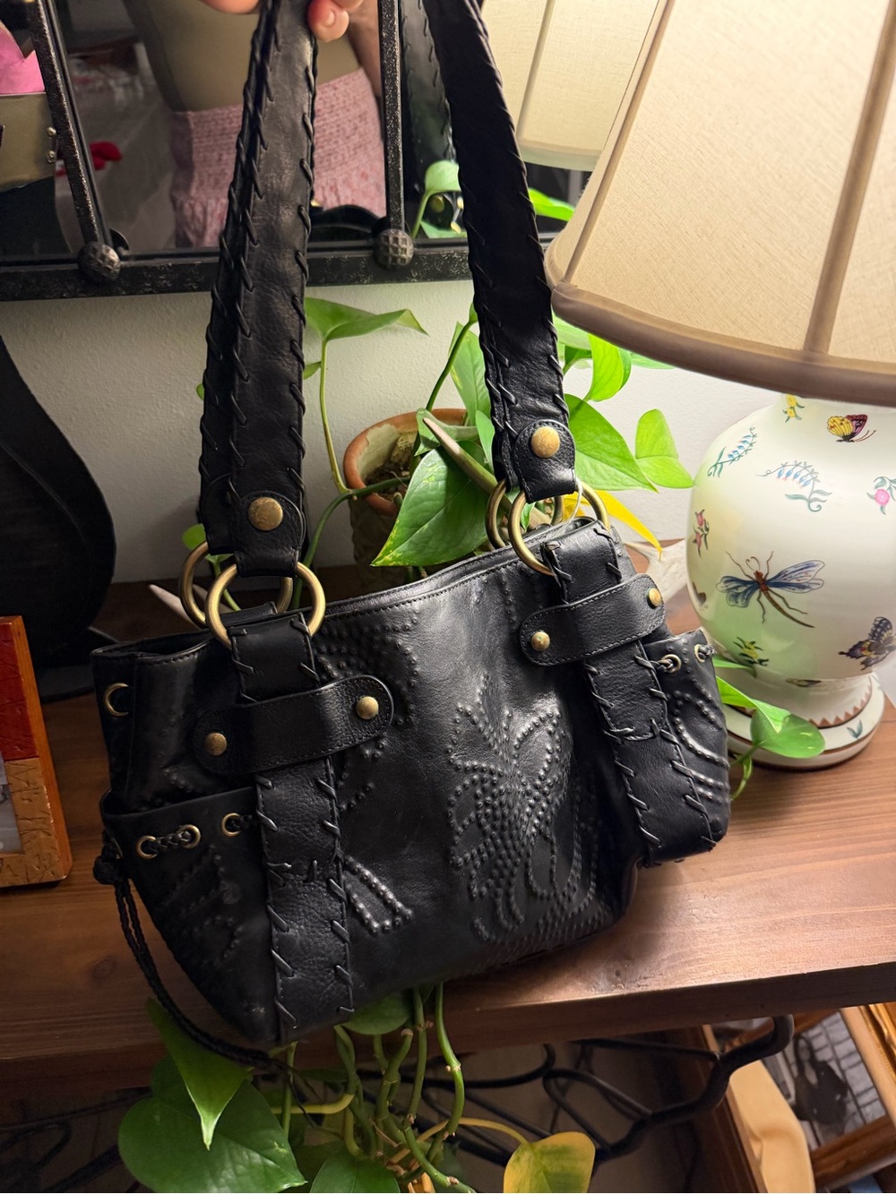 Kooba Black Leather Shoulder Bag with Embossed Floral Stitching